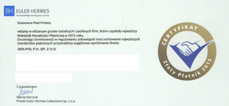 Certyfikat Złoty Płatnik 2015 dla DEK-POL